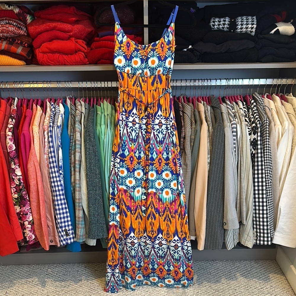 New Directions orange/blue print adjustable strap padded bust maxi dress size S